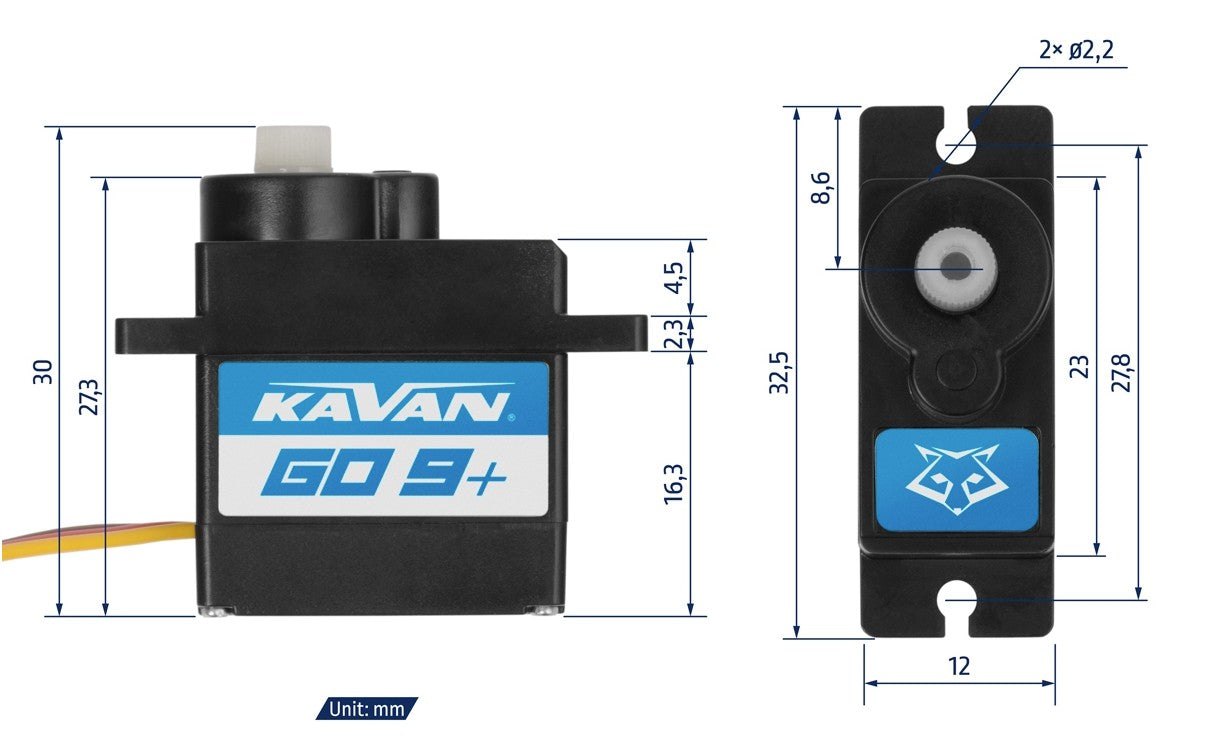 Kavan GO-09 Plus Servo, 23x12x27.3 mm, 4.8-6.0V, 0.12 s/60°, 13Ncm, # KAV20.009P