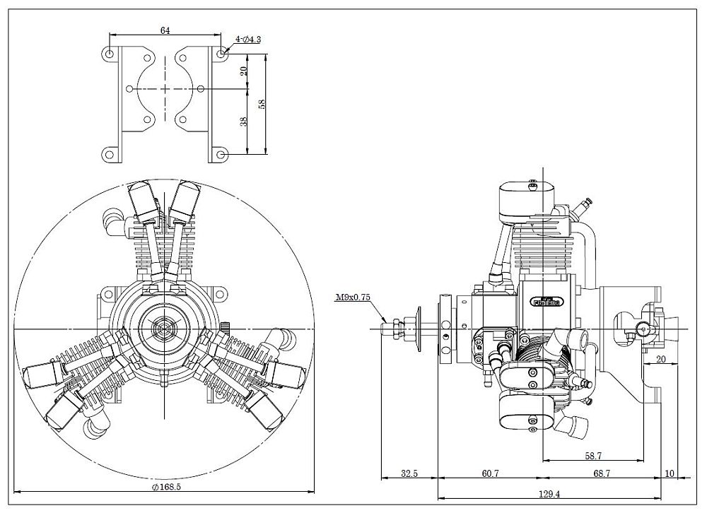 SAITO FG 19 R3, 3-Zylinder-Viertakt-Benzin-Sternmotor, 19ccm, Aeronaut # 710082
