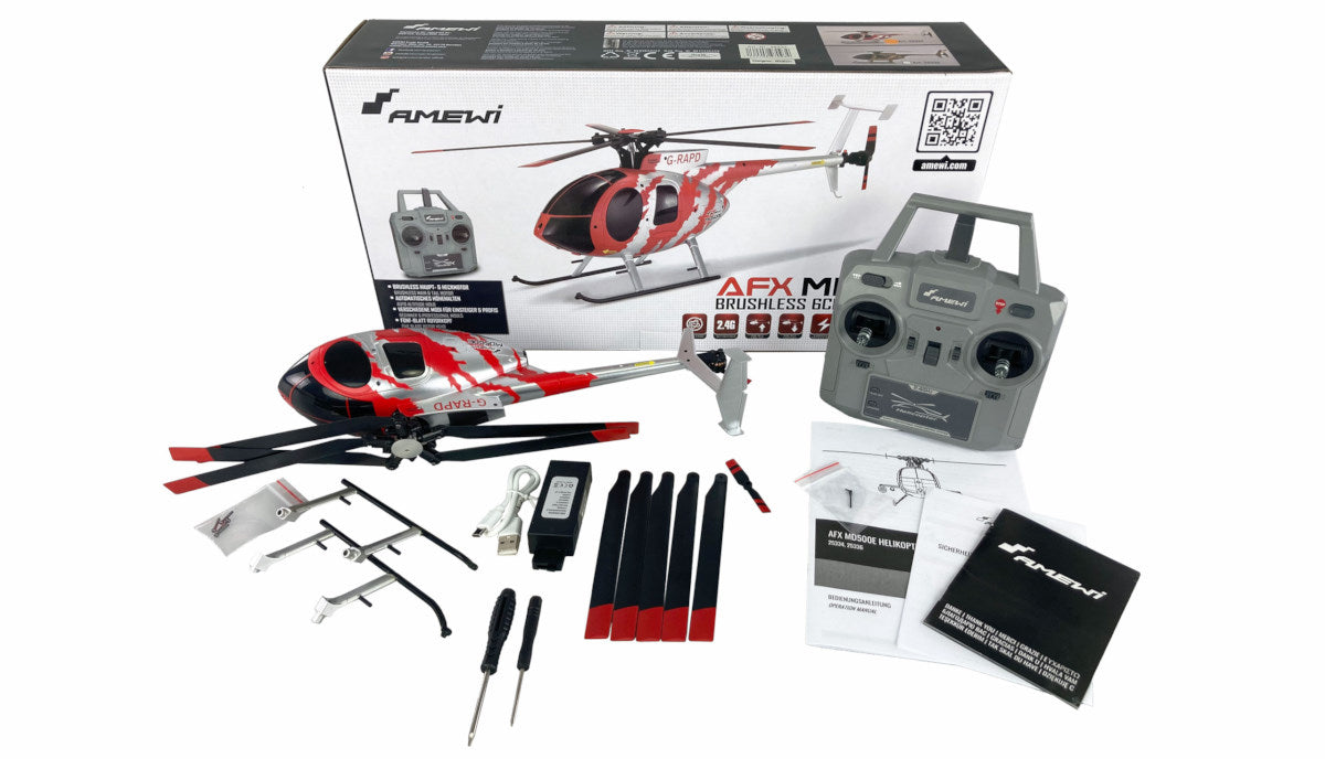 AFX MD500E Red/Silver Brushless, 325mm HELICOPTER RTF (Transmitter, LiPo, Charging Cable)