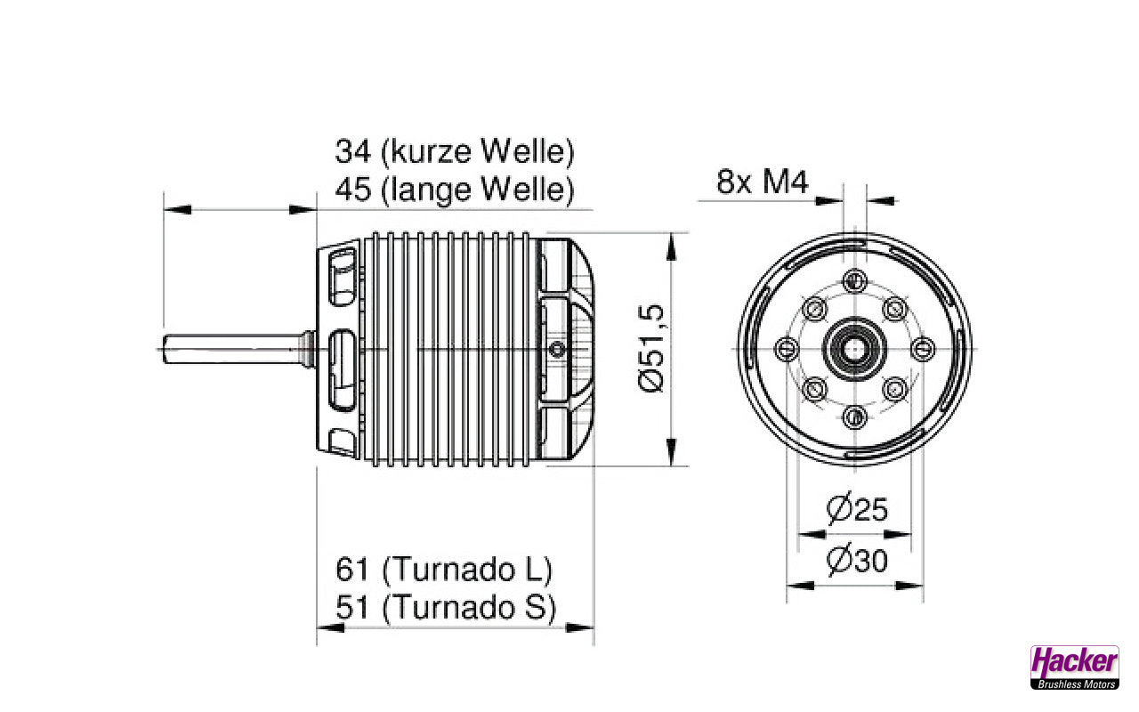 Hacker A50-12L Turnado, V4, 450 U/min/V, (mit langer Welle), Hacker # 15726044