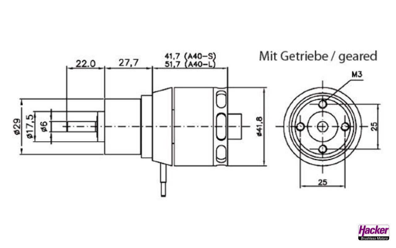 Hacker A40-10L, V2, 8 Pole mit Getriebe 6.75:1, 164 U/min/V