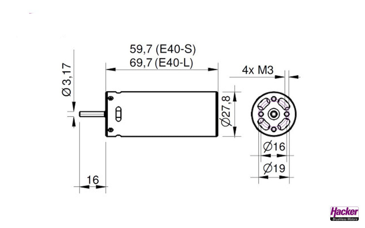 E40-S 1Y, kv3750, 4-pole, Hacker brushless inrunner for 70mm impeller