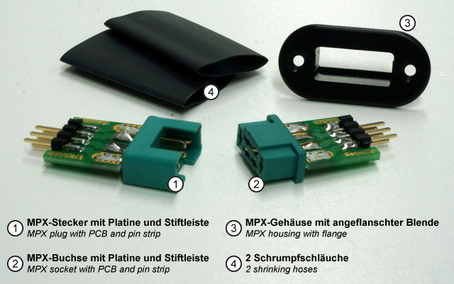 MPX-Steckverbinder mit JR/FUT Stiftleiste, Stecker, Buchse und Rahmen