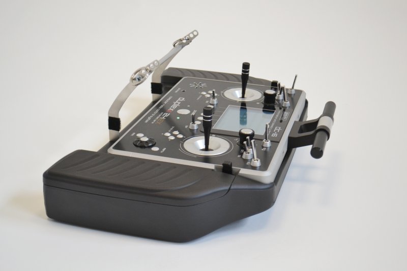 Transmitter tray with storage compartments suitable for Jeti DC-14, DC-16, and DC-24