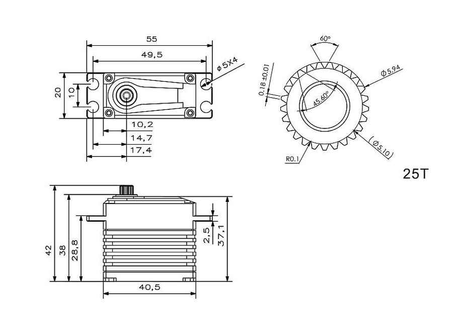 Servo KST A20-3813 V8, HV, MG, 40.5x20x38mm, 72g, 430Ncm@8.4V