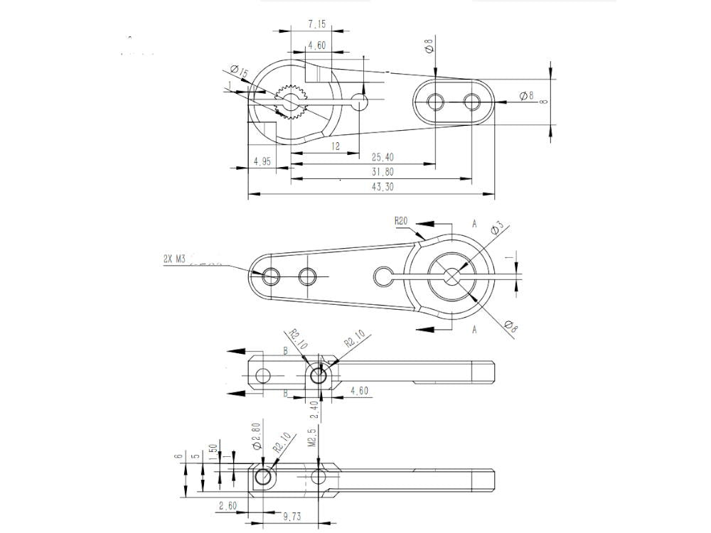 Aluminum Servo Arm KST 0625.32, length 43.3 mm, 2 x M3 threads, 25-tooth spline