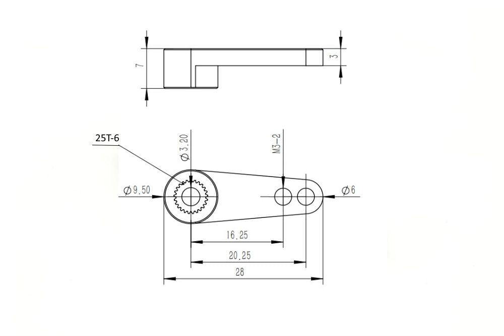 Aluminum servo arm for KST 15/20mm servos, 25-T6B, 2x M3 at 16 and 20mm