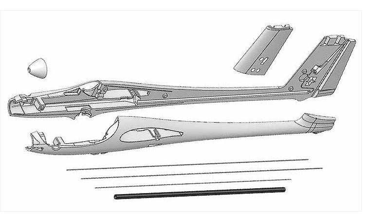 Fuselage halves, straps, and hex tube for Heron, Multiplex # 224393
