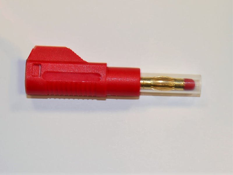 Bananenstecker, 4 mm, ROT, vergoldet, mit Lötanschluss, Sicherheitsschiebehülse