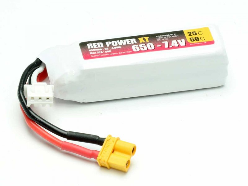 LiPo battery Red Power XT, 2S/650mAh, 7.4V, 25/50C, 60x18x17mm, 35g, # 15404
