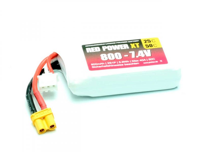 LiPo-Akku Red Power XT, 2S/800mAh, 7.4V, 25/50C, 54x30x14mm, 47g, # 15406