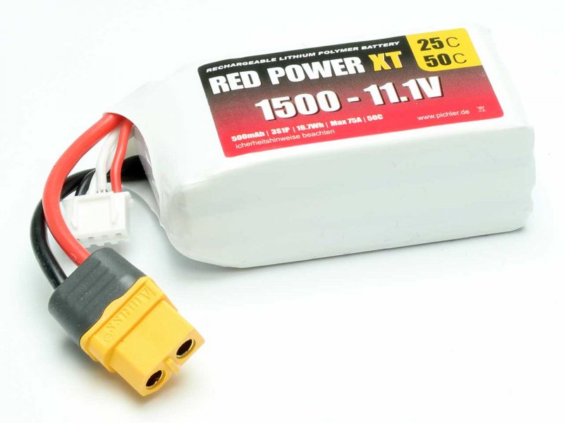 LiPo Battery Red Power XT, 3S/1500mAh, 11.1V, 25/50C, 67x30x27mm, 130g, # 15415