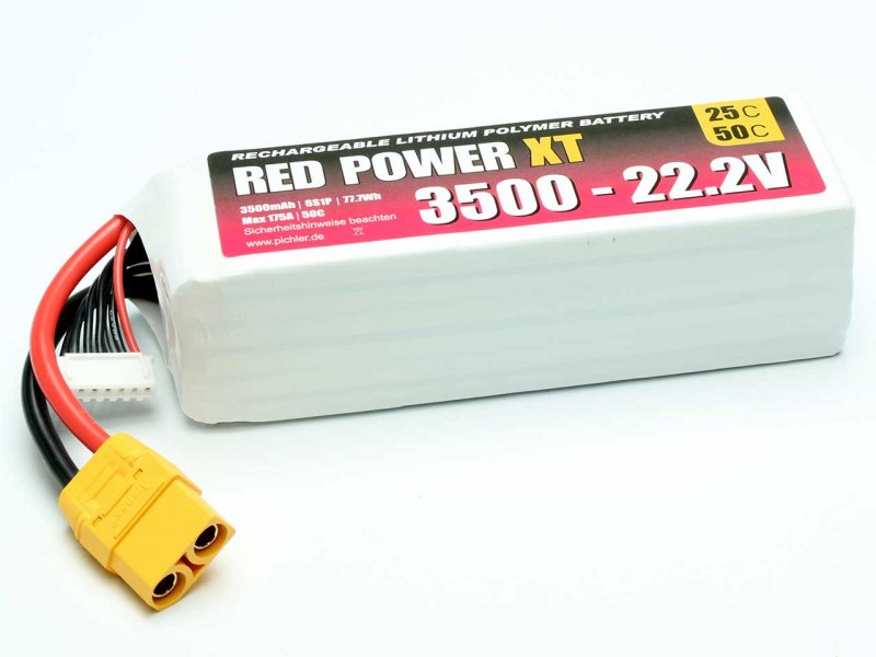 LiPo-Akku Red Power XT, 6S/3500mAh, 22.2V, 25/50C, 130x44x38mm, 455g, # 15431