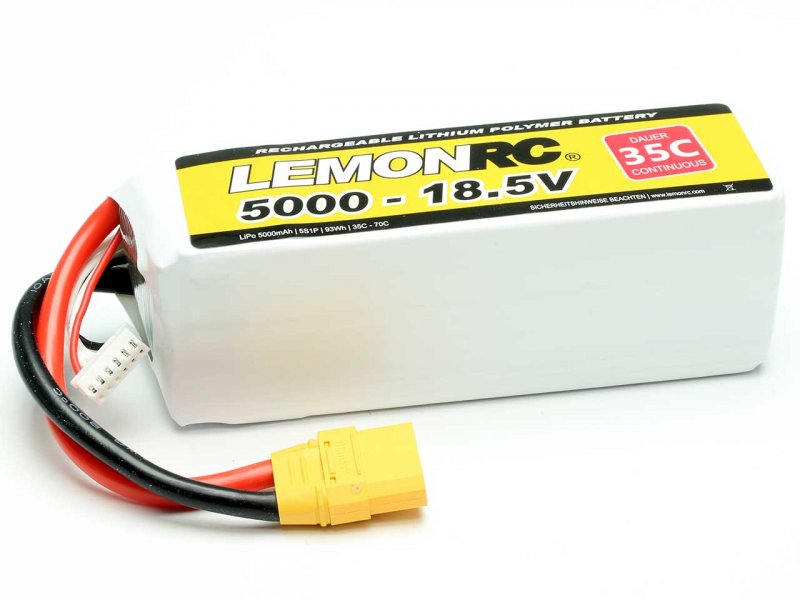 LiPo Battery Lemon RC 5S/5000mAh, 18.5V, 35/70C, 136x43x49 mm, 604g, # 15738
