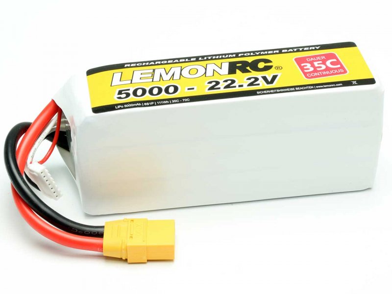 LiPo-Akku Lemon RC 6S/5000mAh, 22.2V, 35/70C, 138x43x58 mm, 718g, # 15739