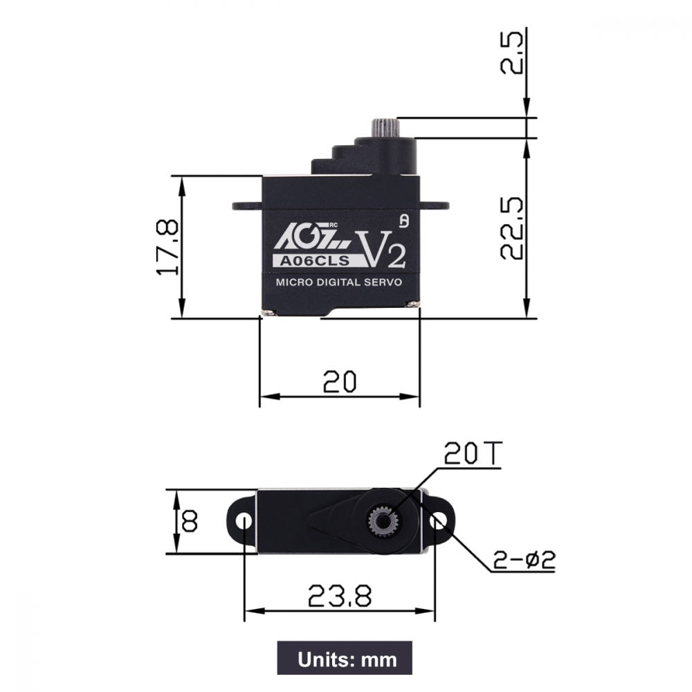 AGF-RC, A06CLS V2, 8mm Aluminum HV Digital Servo, 20x8x17.8mm, 7g, 30Ncm@8.4V