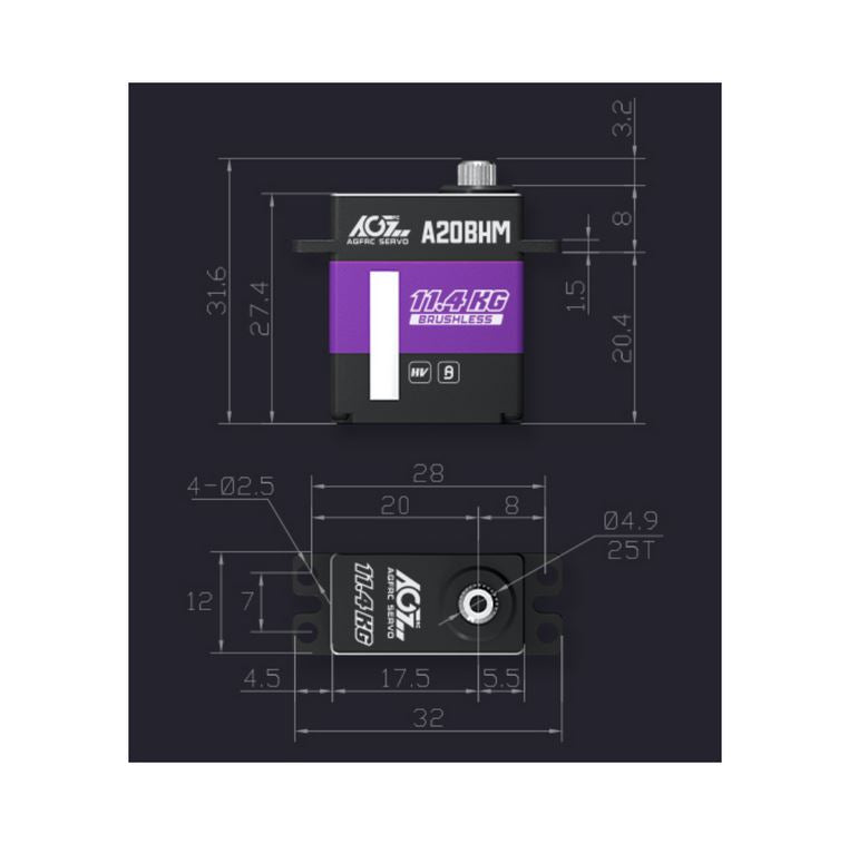 AGF-RC, A20BHM-brushless Servo, 23x12x27.5mm, 21g, 114Nm/0.068@8.4V