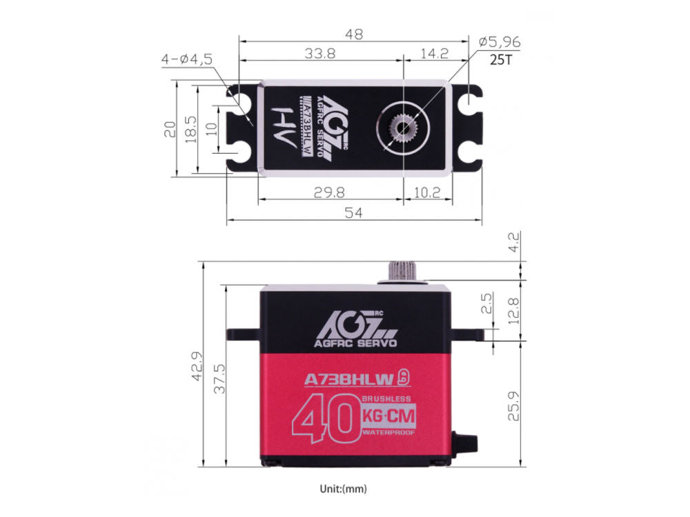 AGF-RC, A73BHLW brushless Servo, 40x20x37.5mm, 73.5g, 400Ncm/0.1sec@8.4V