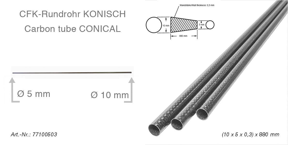 CFK-Rundrohr -KONISCH- 3k-LW (10 x 5 x 0,3) x 880 mm, 13g, R&G # 77100503-088