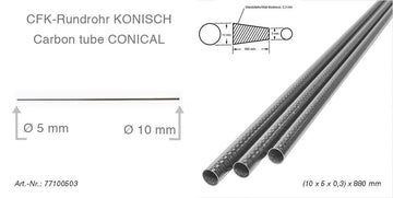 CFK-Rundrohr -KONISCH- 3k-LW (10 x 5 x 0,3) x 880 mm, 13g, R&G # 77100503-088