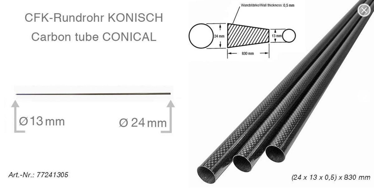 CFK-Rundrohr -KONISCH- 3k-LW (24 x 13 x 0,5) x 830 mm, 38g, R&G # 77241305-0830
