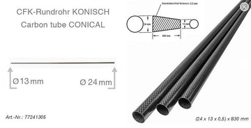 CFK-Rundrohr -KONISCH- 3k-LW (24 x 13 x 0,5) x 830 mm, 38g, R&G # 77241305-0830