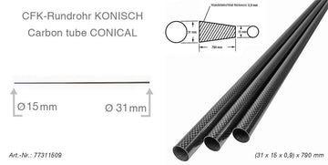CFRP Round Tube -CONICAL- (31 x 15 x 0.9) x 790 mm, R&G # 77311509-0790
