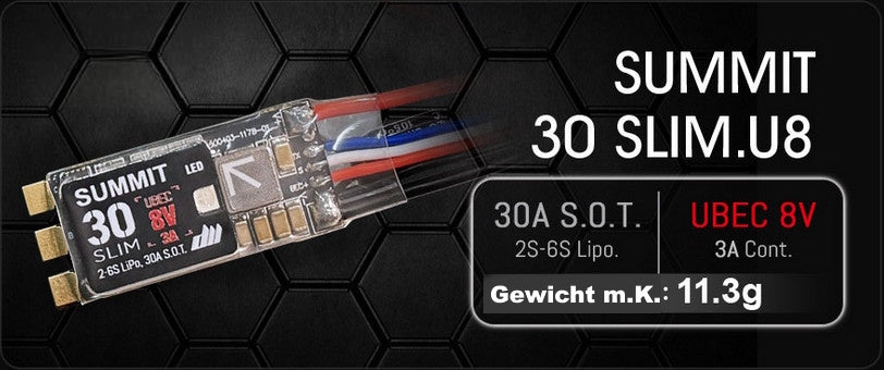 Dualsky Summit 30 Slim Brushless Regler, 30A, 2-6S Lipo UBEC 8V/3A #42279