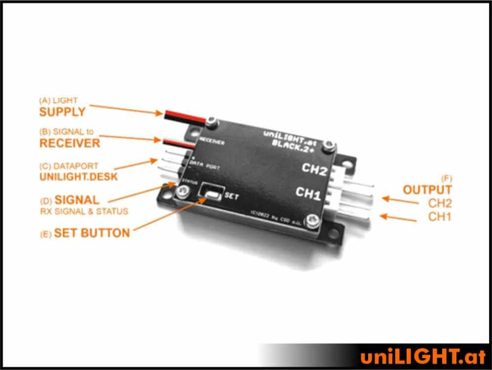 uniLIGHT Black 2+, 2-Kanal LED Steuerung, 45x22x5mm, 6g, je 4A, 15 Effekte